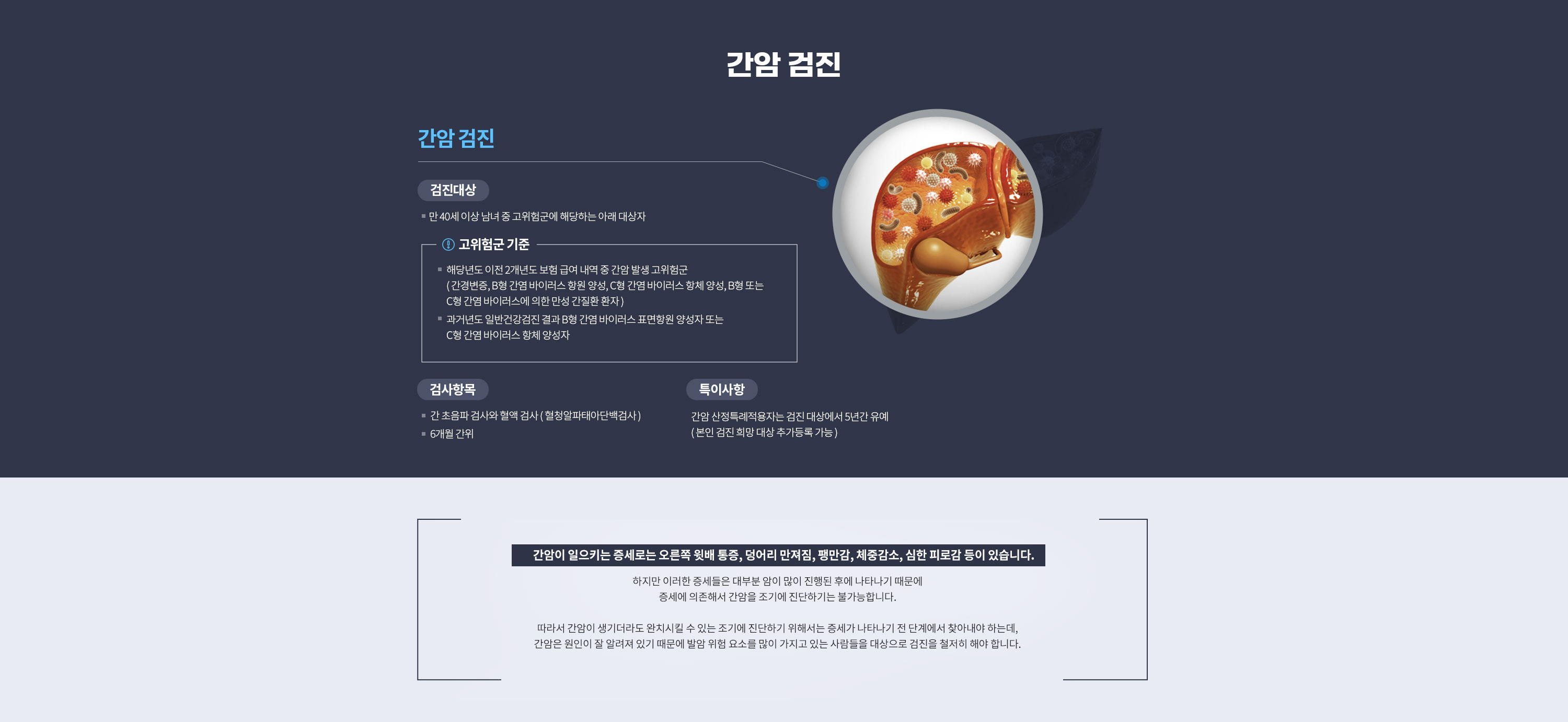 3대 암 검진        

암 치료율은 높이고 암 사망률은 낮추는 3대 암 검진  
양성연 내과에서 세밀한 검진으로 조기에 찾아드립니다. 

# 위암 검진 

검진대상 
 만 40세 이상 남녀 
 2년 주기 

검사항목 
 위 내시경 검사 

특이사항 
 위암 산정특례적용자는 검진 대상에서 5년간 유예 
( 본인 검진 희망 대상 추가 등록 가능 ) 

 내시경 수면 비용 및 기타 추가 검사 비용 별도 

위내시경 검사 기술의 발달로 수 mm 크기의 조기 위암도 진단할 수 있습니다. 수면내시경과 같이 고통 없이 내시경을 받을 수 있는 방법도 있어 많이 선호되고 있습니다. 위내시경 검사는 직접 병변을 보고 조직 검사와 점막 절제술과 같은 치료도 가능하기 때문에 진단과 치료 양 방면에서 사용할 수 있습니다.

위암의 치료에서 가장 중요한 점은 조기 발견해서 내시경 수술이나 개복 수술로 완전히 제거하는 것입니다. 위암이라도 조기에 발견되어 제거할 경우 5년 생존률이 90%이상으로 연구되고 있습니다. 

# 대장암 검진 

검진대상 
 만 50세 이상 남녀 

검사항목 
 분변잠혈반응검사 ( FOBT )를 받은 후 유소견자는 대장내시경 검사 

특이사항 
 대장 산정특례적용자 및 국가대장암검진 대장내시경검사 수검자는 검진대상에서 5년간 유예 
( 본인 검진 희망 대상 추가 등록 가능 ) 

 내시경 수면 비용 및 기타 추가 검사 비용 별도 

암이 발생하는 위치에 따라서 결장에 생기는 암을 결장암, 직장에 생기는 암을 직장암이라고도 합니다. 대장암에는 선암, 림프암, 육종, 편평상피암등이 포함되나 가장 많은 것은 선암입니다. 95% 이상의 대부분 선암은 대장 용종 이라는 사마귀 모양의 혹으로부터 발생합니다. 

대장암은 위치 별로는 직장에서 가장 많이 발생합니다. 다음으로는 S자 결장, 상행결장 순의 발생 빈도를 보입니다. 최근에는 맹장, 상행 결장 등의 우측 결장에서 대장암의 발생 빈도가 증가하고 있어 세밀한 대장암 검진을 위해선 전체 대장을 다 관찰하는 대장내시경 검사가 
선호됩니다. 

# 간암 검진 

검진대상 
 만 40세 이상 남녀 중 고위험군에 해당하는 아래 대상자  

 고위험군 기준  

 해당년도 이전 2개년도 보험 급여 내역 중 간암 발생 고위험군 
  ( 간경변증, B형 간염 바이러스 항원 양성, C형 간염 바이러스 항체 양성, B형 또는 
    C형 간염 바이러스에 의한 만성 간질환 환자 )   

 과거년도 일반건강검진 결과 B형 간염 바이러스 표면항원 양성자 또는 C형 간염 바이러스    항체 양성자 

검사항목 
 간 초음파 검사와 혈액 검사 ( 혈청알파태아단백검사 )  
 6개월 간위 
특이사항 
 간암 산정특례적용자는 검진 대상에서 5년간 유예 
( 본인 검진 희망 대상 추가등록 가능 ) 

간암이 일으키는 증세로는 오른쪽 윗배 통증, 덩어리 만져짐, 팽만감, 체중감소, 심한 피로감 등이 있습니다. 하지만 이러한 증세들은 대부분 암이 많이 진행된 후에 나타나기 때문에 
증세에 의존해서 간암을 조기에 진단하기는 불가능합니다. 

따라서 간암이 생기더라도 완치시킬 수 있는 조기에 진단하기 위해서는 증세가 나타나기 전 단계에서 찾아내야 하는데, 간암은 원인이 잘 알려져 있기 때문에 발암 위험 요소를 많이 가지고 있는 사람들을 대상으로 검진을 철저히 해야 합니다.
